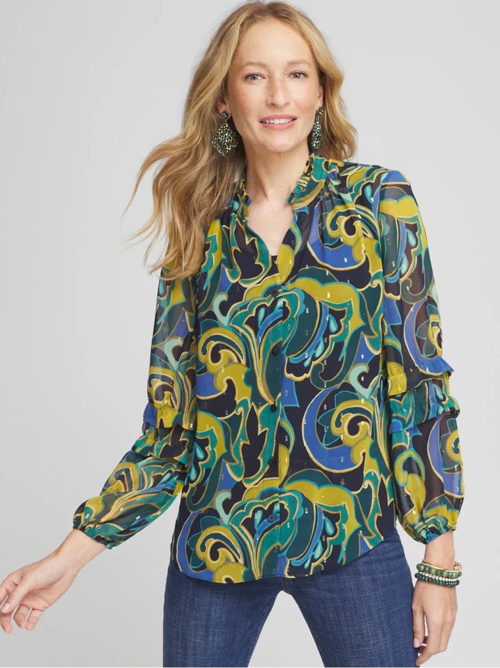 Chico’s Sz 12 Chiffon Clip Dot Swirl Print Blouse Blur Teal Mustard Boho Fall